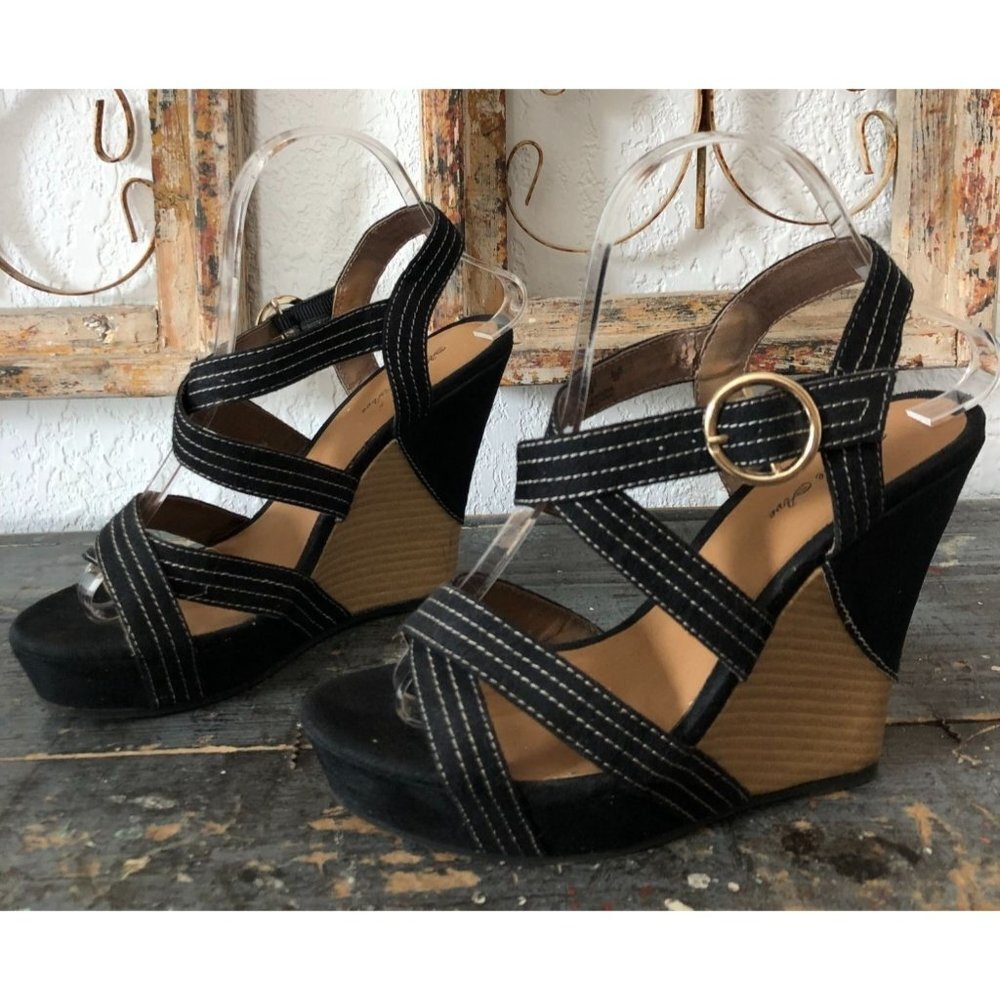 Melrose Ave Laguna Wedge Sandal Women 8 Black Tan Strappy Open Toe